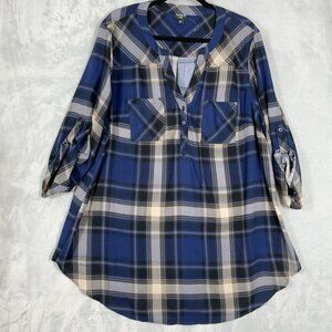 Torrid Harper Tunic Top Womens 2 Blue Plaid Roll Tab Sleeve Blouse Office Casual